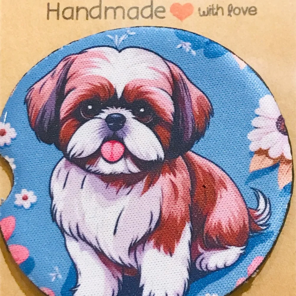 Cute Shih Tzu Dog Neoprene Car Coasters Set - Handmade